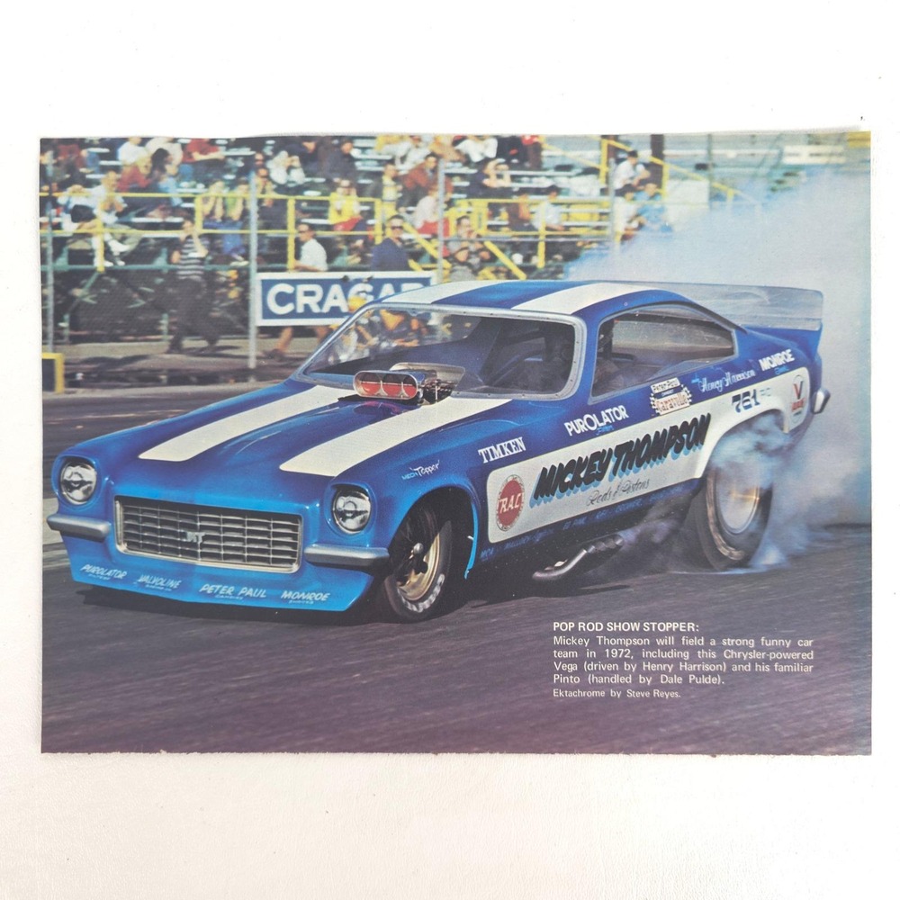 Mickey Thompson Print Ad Vega Funny Car Vintage NHRA Drag Racing Advertising Art